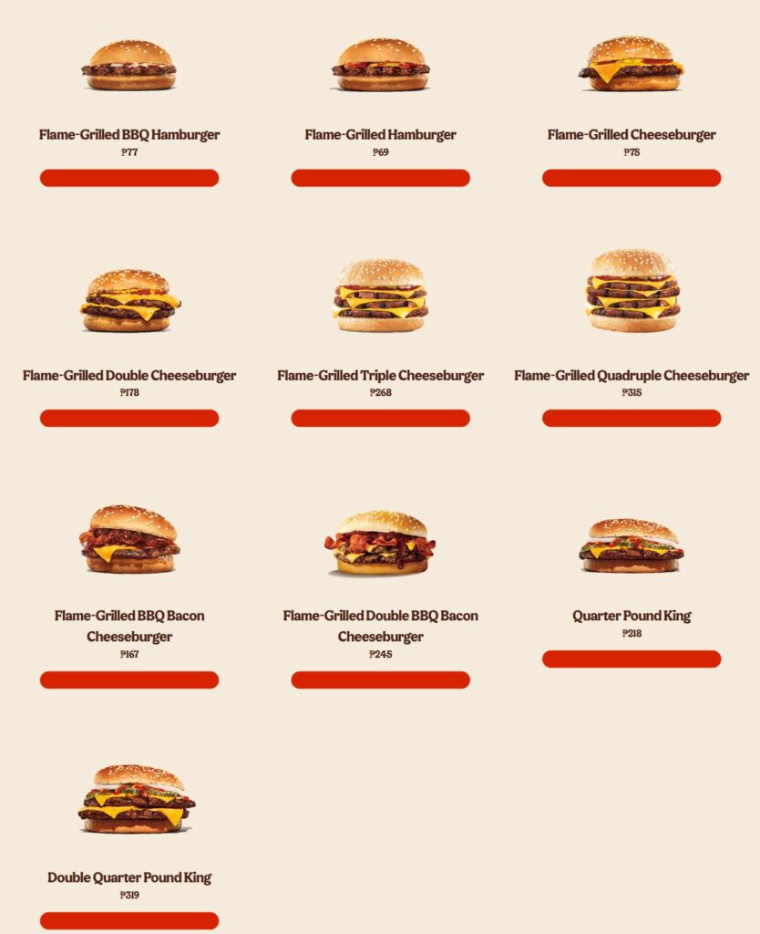 burger king flame grilled burgers menu price