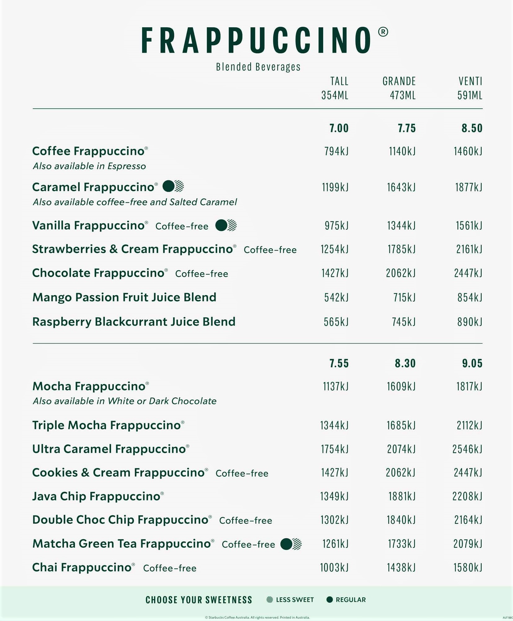 starbucks frappuccino prices