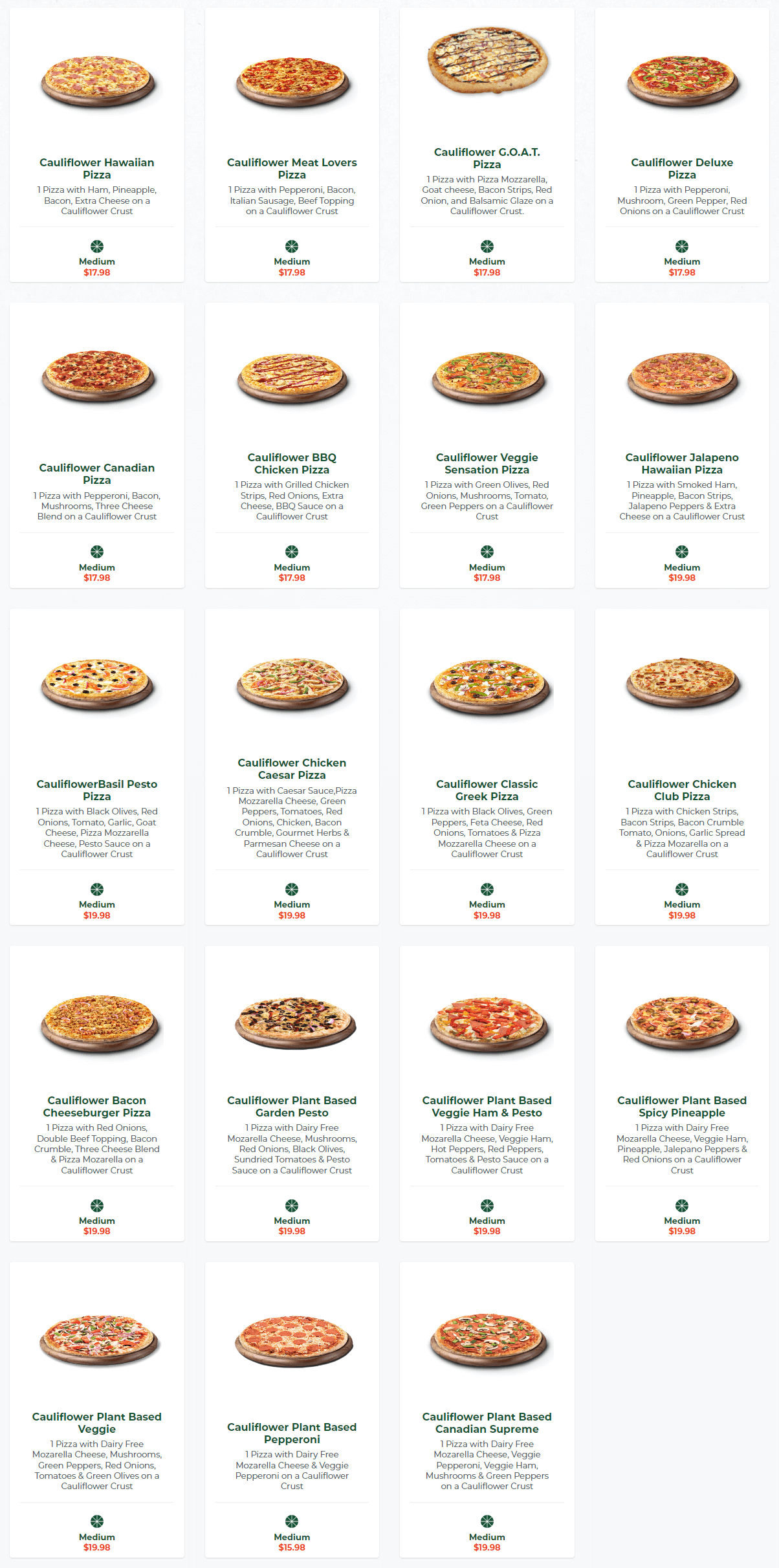 241 Pizza Cauliflower Crust Pizzas Prices