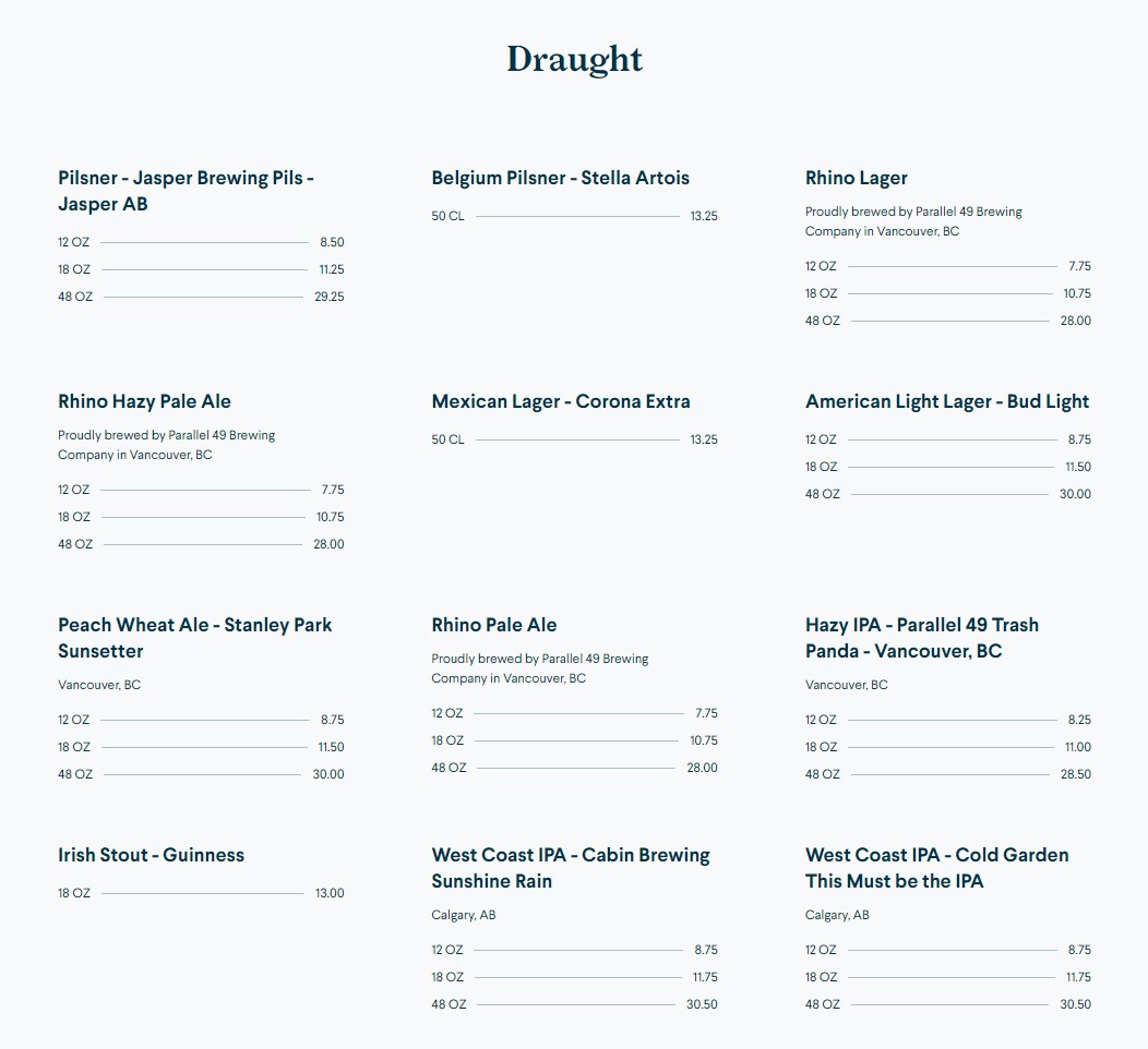 Earls Draught Beer Prices