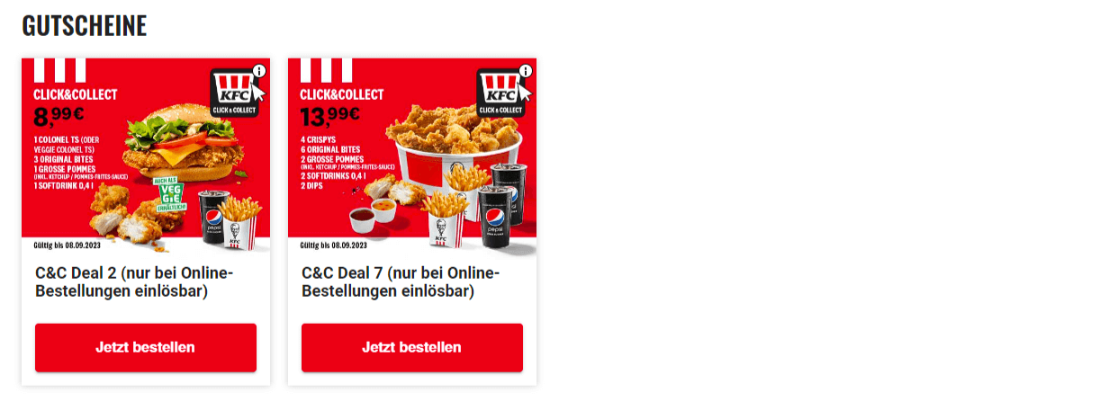KFC Gutscheine Menu