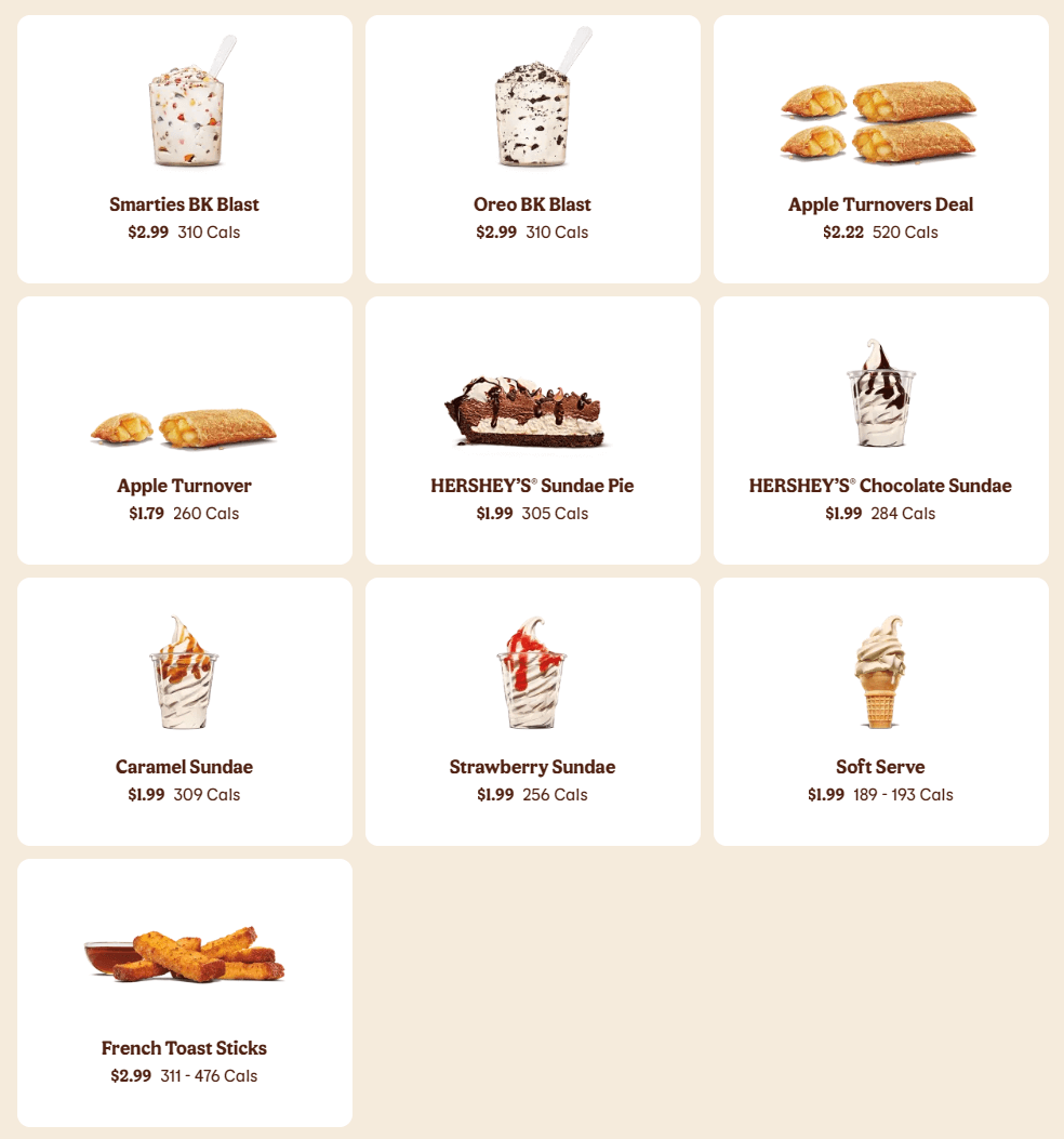 burger king sweets prices