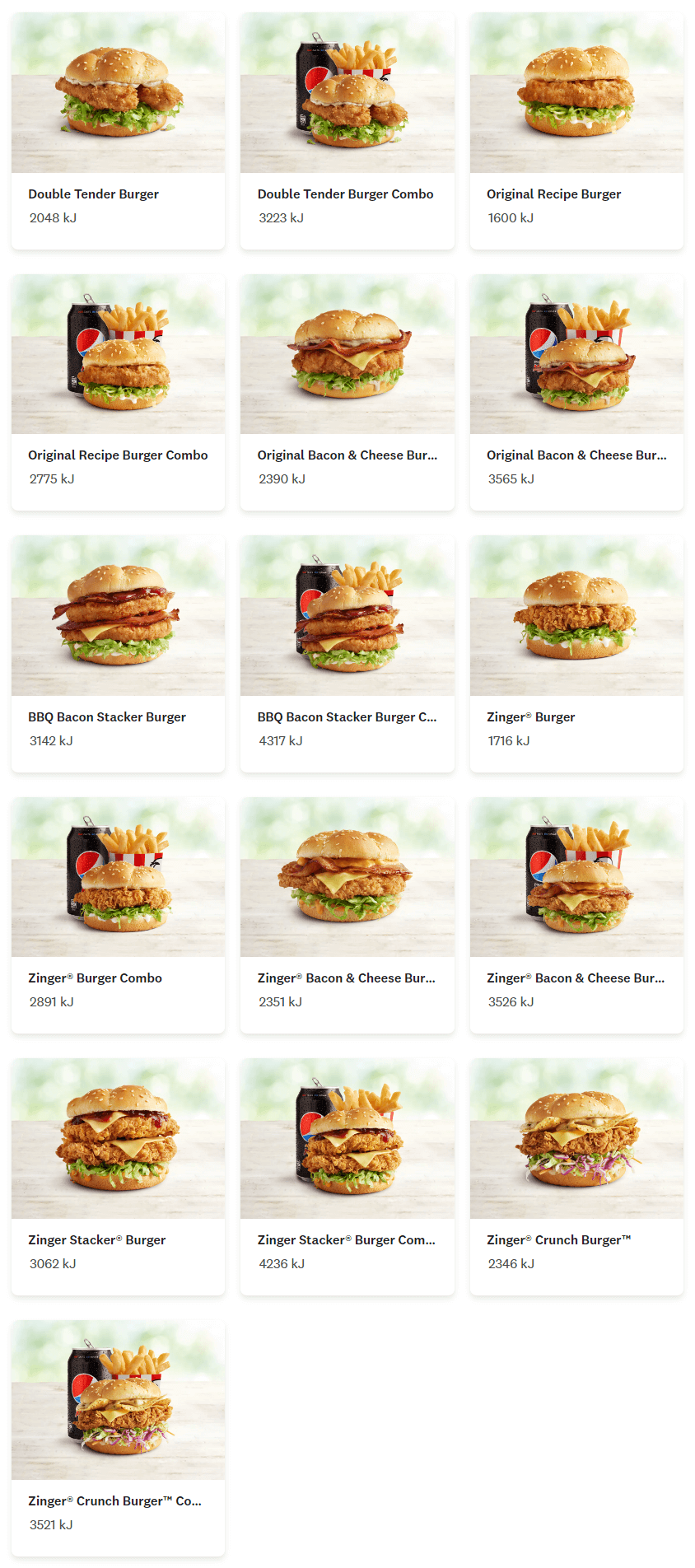 kfc burgers menu prices