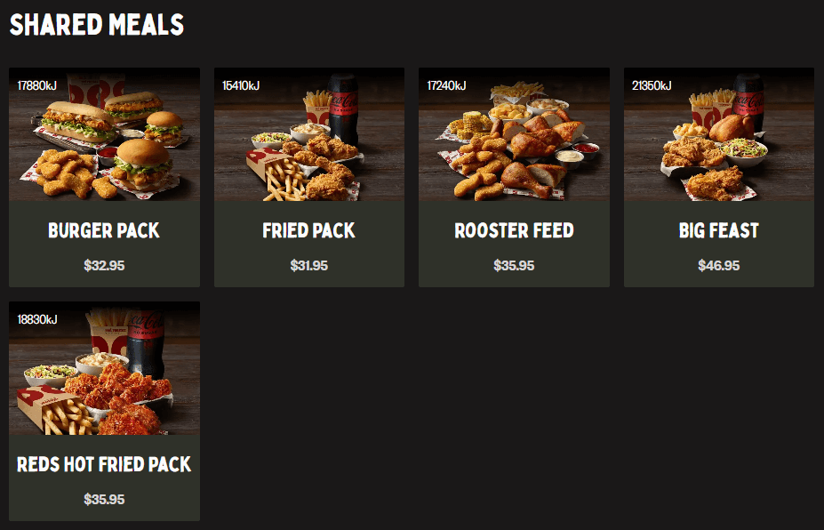 red rooster shared meals prices